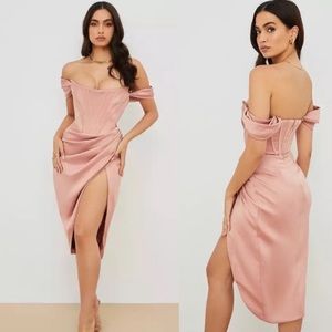 House of CB‎ ‘LORETTA’ BLUSH PINK SATIN OFF SHOULDER Corset dress NWOT size L